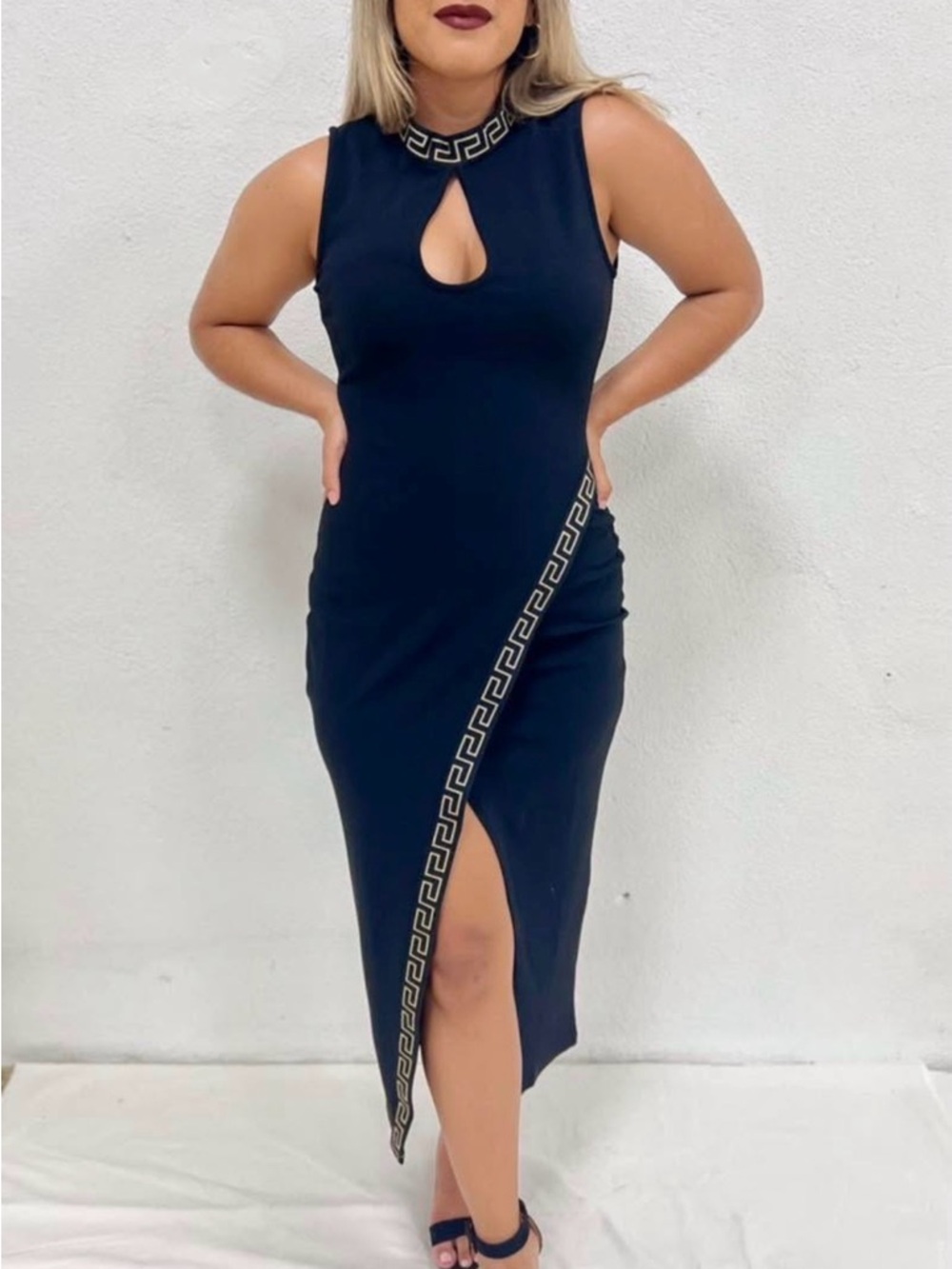 Sleeveless Black Midi Dress with Keyhole & Gold Trim